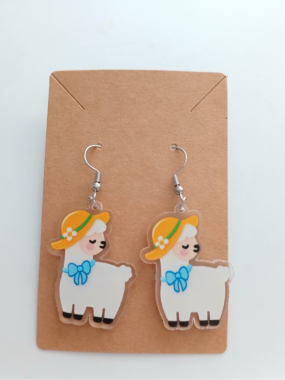 Fashion Jewelry White Llama Earrings with Yellow Hat and Blue Bow